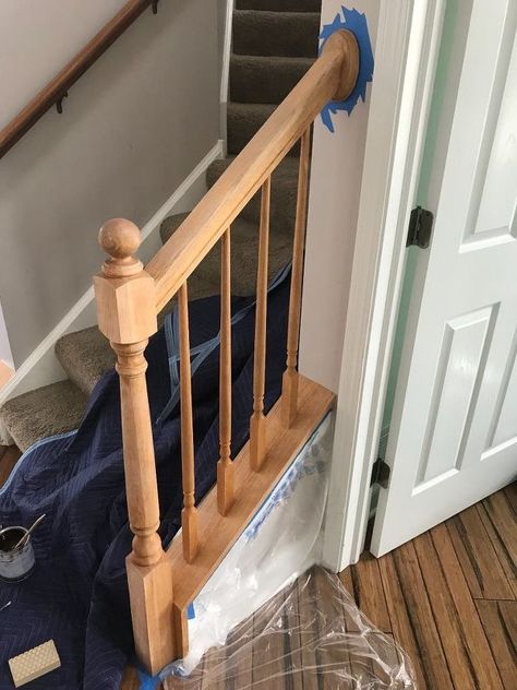 This video tutorial demonstrates how to stain a banister without sanding or stripping using General Finishes Gel Stain and paint with water based primer and paint. This project is time consuming, but definitely doable for anyone who likes to paint. It does not involve stripping the existing finish which will save you some time and create less mess. I chose a two toned look to match the banister to the floors we put in on our main level. I used mineral spirits and denatured alcohol to… Stain Banister Without Sanding, Painted Banister Ideas, Banister Makeover, Stained Staircase, Wood Banister, Oak Banister, Stair Railing Makeover, General Finishes Gel Stain, Java Gel Stains