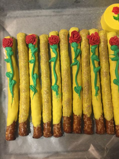 Pretzel Treats, Beauty And The Beast Theme, Chocolate Dipped Pretzels, Beauty And The Beast Party, Pretzel Rods, Chocolate Pretzels, Chocolate Dipped, Pretzels, Princess Party