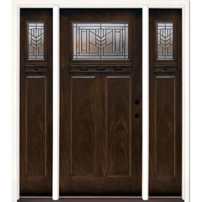 67.5 in.x81.625in.Phoenix Patina Craftsman Stained Chestnut Mahogany Left-Hd Fiberglass Prehung Front Door w/ Sidelites Craftsman Style Front Doors, Craftsman Front Door, Craftsman Front Doors, Entry Door With Sidelights, Fiberglass Entry Doors, Craftsman Door, Geometric Arrow, Custom Wood Doors, Reeded Glass