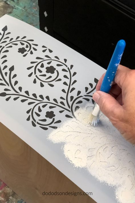 Stencil On Wood, Stencil Dresser, Inlay Dresser, How To Chalk Paint, Bone Inlay Dresser, Dresser Diy, Stenciled Table, Stencil Wood, Stencil Decor