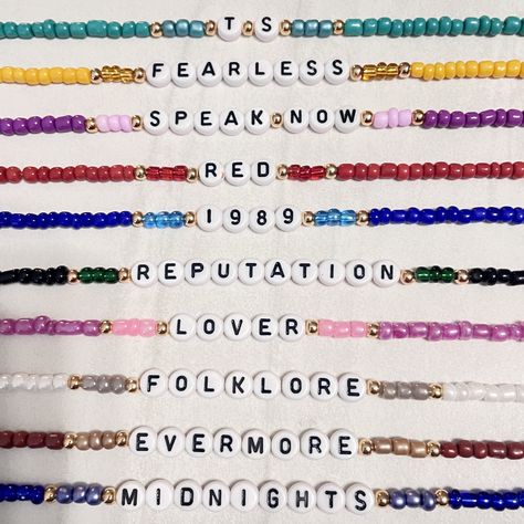 Don't be the only person without friendship bracelets at the Eras Tour! Whether you're buying them to keep or trade, these bracelets were made by hand by a fellow Swiftie. These bracelets are made with stretchy elastic, so no need to worry about annoying clasps. This set is dedicated to all albums, for the Swiftie who has trouble picking their favorite. 1 set contains 10 bracelets!  Bracelets have a circumference of 6.5 inches. Please message me if you require alternative sizing! Please note that the color of beads you receive may vary slightly from the images displayed on our website. This variance can be attributed to fluctuations in supply and demand within the bead industry. However, we assure you that the beads you receive will remain within the same color family as those depicted for Eras Tour Bracelets, Concert Clothes, Frendship Bracelets, Eras Bracelets, Taylor Swift Nails, Swift Bracelet, Eras Outfit, Necklaces Ideas, Friendship Bracelets Easy