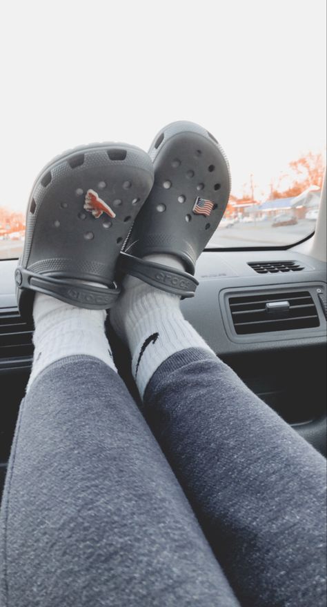 Grey Crocs Aesthetic, Gray Crocs With Jibbitz, Black Crocs Outfit, Grey Crocs, Black Crocs With Fur, Black Fluffy Crocs, Black Crocs, Grey Slippers, Emoji Wallpaper Iphone