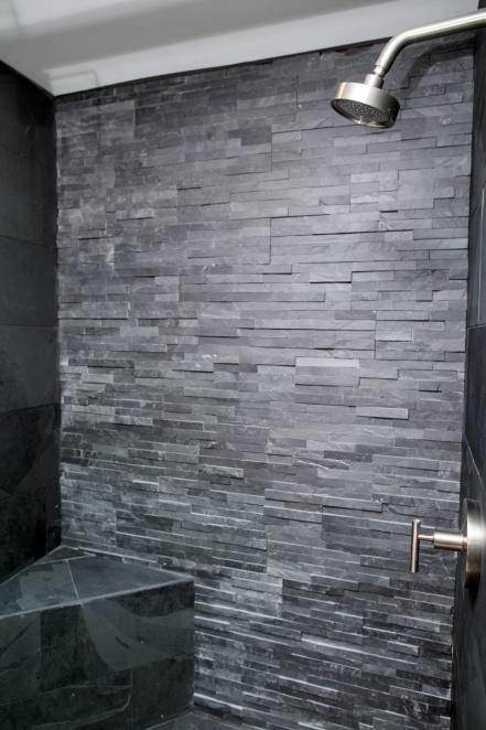 The new walk-in shower features seamless glass enclosure and dark gray stone tile similar to that used on the columns of the home's front exterior. Modern His And Hers Bathroom, Rock Shower Ideas, Stretching Tips, Fixer Upper Designs, Villa Bathroom, Slate Shower, Hgtv Fixer Upper, Master Bathrooms, Manly Decor