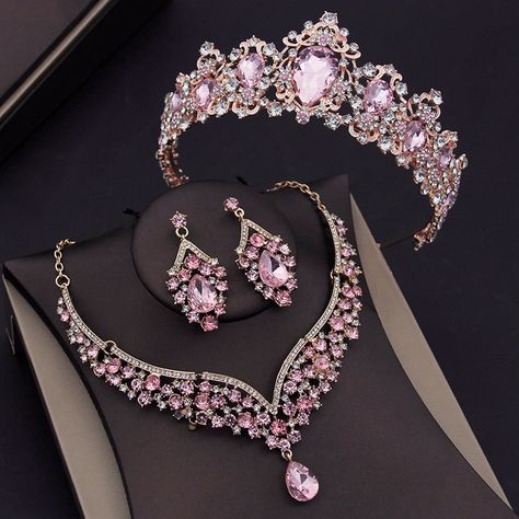 Tiara Necklace, Quinceanera Jewelry, Crystal Bridal Jewelry Sets, Pink Quince, Crystal Bridal Tiaras, Crystal Jewelry Sets, Tiara Crown, Pink Jewelry, Pink Necklace