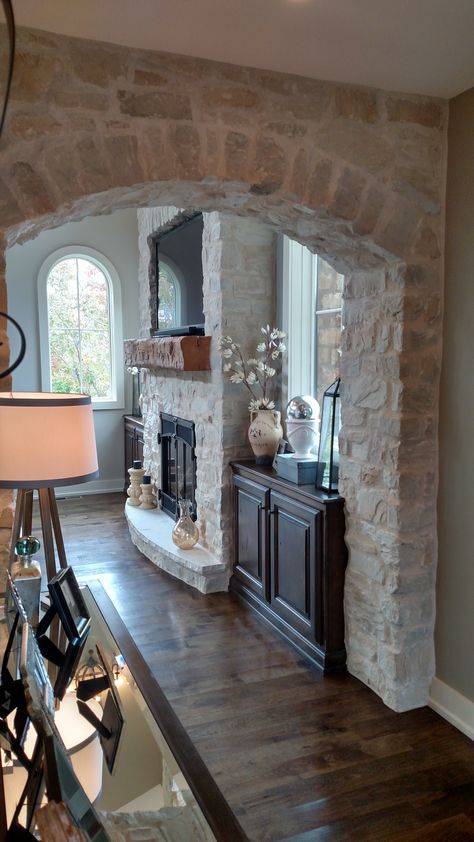 Stone Veneer Fireplace and Archway, Profiles, Country Ledge & Tuscan Fieldstone, color is Texas Cream Stone Archways Interior, Inside Stone Wall Ideas, Rock Wall Entryway, Stone Archway In Kitchen, Decorating Archways In Home, Faux Stone Archway Diy, Stone Entryway Interior, Interior Stone Archway, Tuscan Entryway Ideas