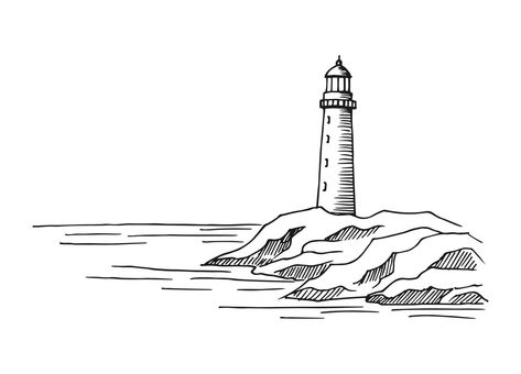 Seascape. Lighthouse. Hand drawn illustration converted to vector. Sea coast graphic landscape sketch illustration vector. Lighthouse Outline, Nautical Drawing, Lighthouse Sketch, Graphic Landscape, Lighthouse Drawing, Minimal Graphic Design, Lighthouse Tattoo, Landscape Sketch, House Sketch