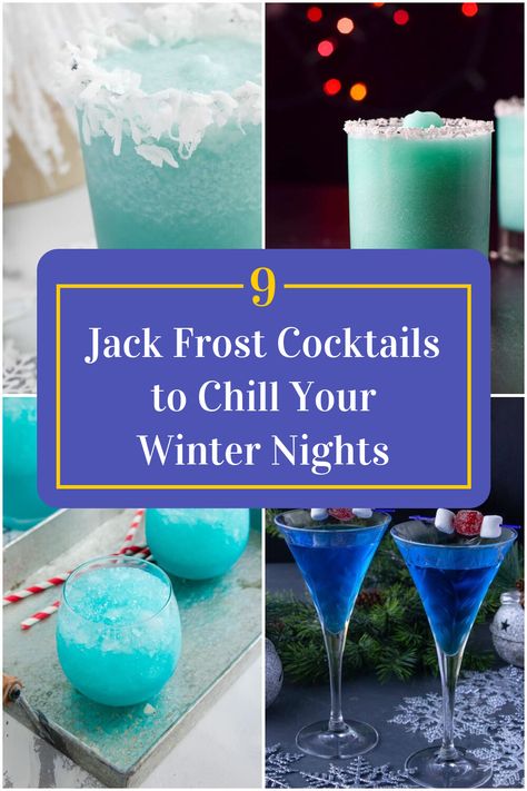 Collage of 4 jack frost cocktails. Frosty Snowman Cocktail, Jack Frost Themed Food, Frosty Drink Recipe, Frostbite Drink, Jack Frost Mimosas Recipe, Ice Themed Cocktails, Winter Themed Drinks Cocktail Recipes, Jack Frost Mimosas, Jack Frost Martini