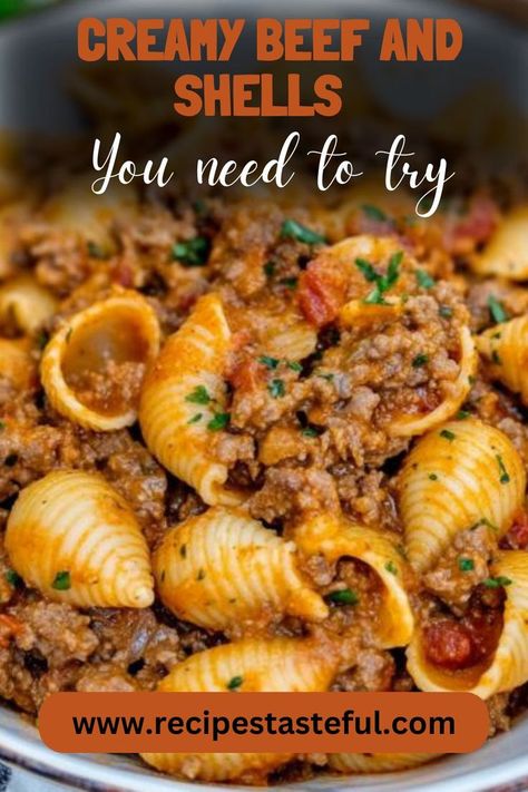 This Creamy Beef and Shells dish is a hearty, comforting meal perfect for busy weeknights, featuring tender pasta shells coated in a rich, creamy beef sauce that’s bursting with flavor. Beefy Shells Pasta, Shells Pasta, Creamy Beef And Shells, Beef And Shells, Beef Pasta Recipes, Beef Sauce, Pasta Shells, Beef Pasta, Stuffed Pasta Shells