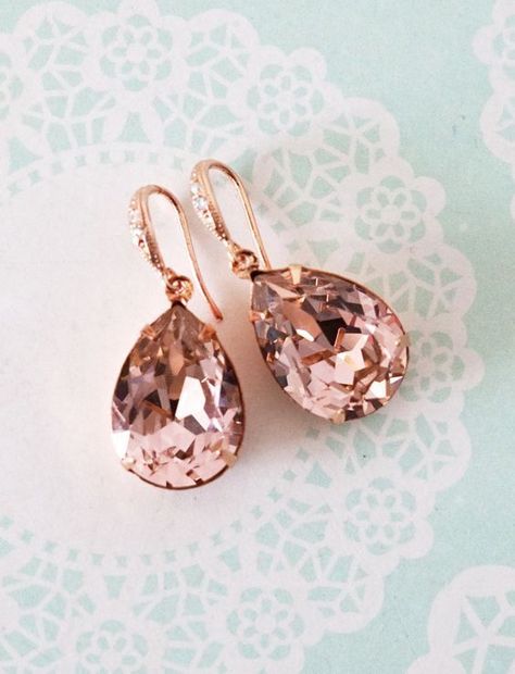 Crystal Teardrop Earrings, Silver Dog, Pink Swarovski, Dog Pendant, Bride Earrings, Wedding Bridal Jewellery, Rose Gold Jewelry, Diy Schmuck, Vintage Rose