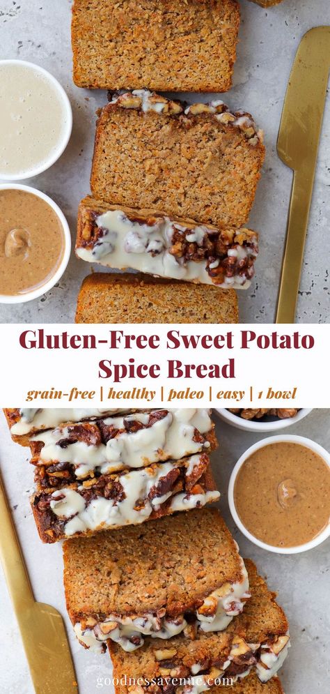 The ultimate healthy gluten free sweet potato bread made with grated sweet potato, almond flour and cozy spices. A delicious grain free + paleo loaf made in one bowl with a crunchy walnut topping glazed with a little coconut butter. Gluten Free Potato Bread, Walnut Topping, Sweet Potato Flour, Sweet Potato Dessert, Raw Sweet Potato, Sweet Potato Buns, Almond Flour Bread, Gluten Free Sweet Potato, Sweet Potato Bread