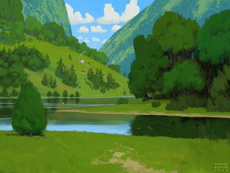 World Building Concept Art, Scenery Illustration Landscapes, Digital Art Nature Landscapes, Scenery Illustration, Valley Drawing, Valley Illustration, Valley Painting, Ghibli Style Landscape, Landscape Illustration Desktop Wallpaper