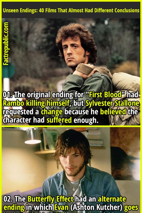 01. The original ending for "First Blood" had Rambo killing himself, but Sylvester Stallone requested a change because he believed the character had suffered enough. #movies #films #hollywood #ending #popular #famous #celebrity Sylvester Stallone Now, Dog And Owner Costumes, Sylvester Stallone Rambo, Rambo First Blood, Movie Lists, Useless Knowledge, Fact Republic, Curious Facts, True Interesting Facts