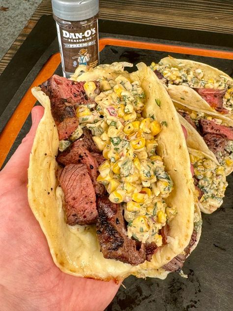 Grilled Steak Elote Tacos - Grill Nation - Recipes, Grills and Grilling Products Elote Tacos, Grill Nation, Steak Taco Recipe, Elote Recipe, Grilled Taco, Griddle Recipes, Steak Tacos, Grilled Dinner, Grilled Steak