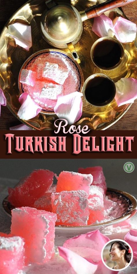 Rose Turkish Delight Recipe, Rose Turkish Delight, Turkish Delight Recipe, Traditional Rose, Traditional Roses, Healthy Vegan Snacks, Pink Foods, Turkish Delight, Rose Scented Products