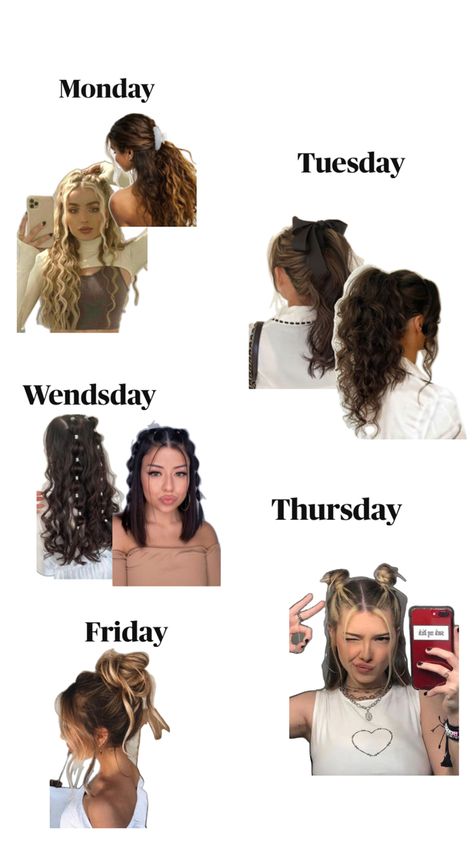 Hairstyles for a school week Weekly Hairstyles For School, Full Week Of Hairstyles, Hairstyles Of The Week, Hairstyles For Each Day Of The Week, Pajama Day Hairstyles For School, Tied Up Hairstyles For School, Hairstyles For A Week, Week Of Hairstyles, Weekly Hairstyles