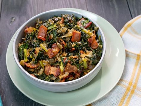 Pan-Fried Collard Greens - Recipe from Food Network: Delicious Miss Brown | Wadmalaw Days: Season 2, Episode 13 | Fried Collard Greens, Fried Greens, Delicious Miss Brown, Sides Veggies, Collard Greens Salad, Sauteed Collard Greens, Collard Greens With Bacon, Water Cornbread, Kardea Brown