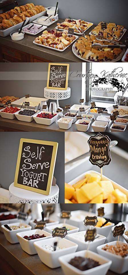 Black, White & Gold Baby Shower Party Ideas | Photo 5 of 15 | Catch My Party Bridal Shower Brunch Decorations, Parfait Bar, Mini Breakfast, Glitter Bridal Shower, Bridal Party Tables, Brunch Decor, Yogurt Bar, Brunch Table, Breakfast Party