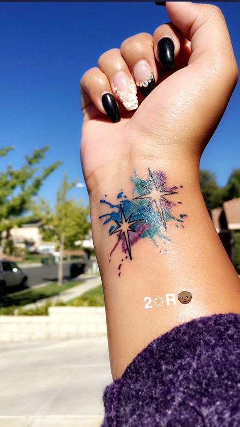 Watercolor Stars Tattoo, Neverland Star Tattoo, Never Land Tattoo, Second Star To The Right Tattoo, Neverland Tattoo, Watercolor Galaxy Tattoo, Pan Tattoo, North Star Tattoos, Tattoos Ankle