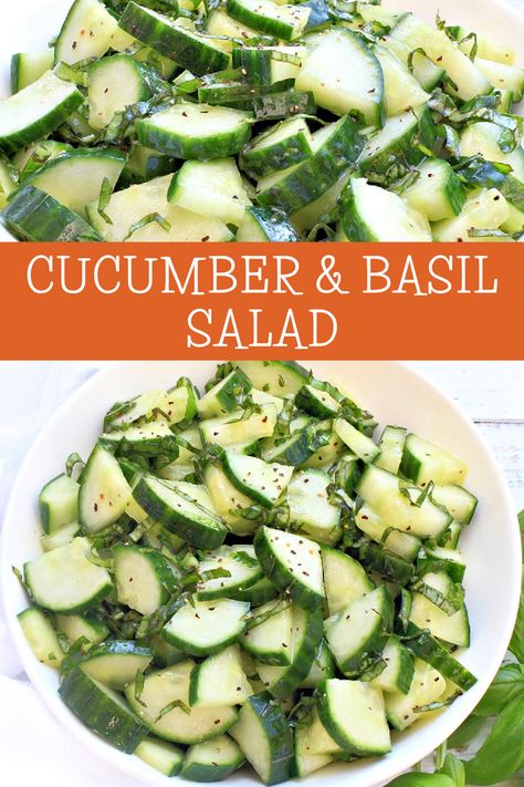 Cucumber and Basil Salad ~ Simple ingredients and minimal prep work make this easy and fresh side dish a summertime winner! via @thiswifecooks Basil Cucumber Salad, Cold Sides, Fresh Basil Recipes, Cucumber Basil, College Recipes, Salad Simple, Veggie Ideas, Basil Salad, Salad Cucumber