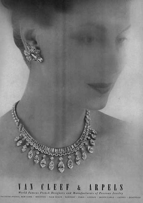 Van Cleef and Arpels, Vogue, 1950 Van Cleef And Arpels Aesthetic, Vintage Van Cleef And Arpels Jewelry, Van Cleef Diamond Necklace, Vintage Jewelry Ads, 1950 Love, Vintage Van Cleef, Cartier Vintage, Jewelry Closet, Van Cleef And Arpels Jewelry