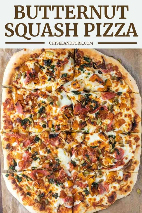 Pumpkin Pizza Recipe, Fall Pizza Recipes, Butternut Squash Flatbread, Fall Pizza, Caramelized Onion Pizza, Mozzarella Prosciutto, Butternut Squash Pizza, Squash Pizza, Healthy Butternut Squash