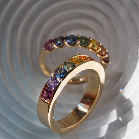 #Pride #HappyPrideMonth #HappyPride #PrideMonth #Pride2022 #VancouverPride2022 #SapphireBands #FineJewellery #Rainbow #RainbowSapphire #LoveIsLove #RainbowRing Men's Wedding Rings, Mens Gold Wedding Band, Right Hand Ring, Rainbow Sapphires, Rainbow Rings, Sapphire Band, Rainbow Jewelry, Unique Engagement Ring, Right Hand Rings