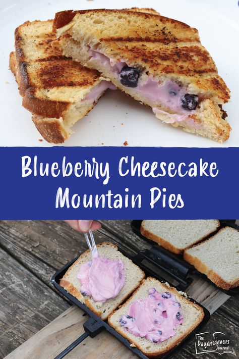 Blueberry Cheesecake Mountain Pies Mountain Pie Recipes, Pie Iron Cooking, Blueberry Cream Cheese Pie, Campfire Pies, Pudgy Pie, Mountain Pies, Pie Iron Recipes, Campfire Snacks, Pie Iron