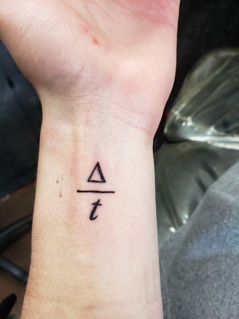 Delta over t, change over time ❤ Tattoos That Mean Change, Constant Change Tattoo, Life Change Tattoo Ideas, Things Change Tattoo, Change Over Time Tattoo, Time Symbol Tattoo, One Day At A Time Tattoo Symbol, Physics Tattoo Ideas, Trading Tattoo