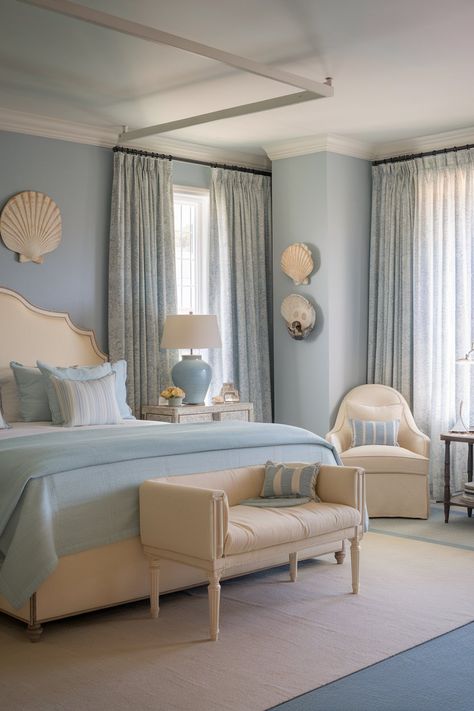 15 Blue and Cream Bedroom Ideas for a Calm and Stylish Retreat - My Decor Inspo Blue And Cream Bedroom Ideas, Blue And Cream Bedroom, Light Blue Rooms, Cream Bedroom Ideas, Seating Nook, Light Blue Curtains, Seashell Wall Decor, Light Blue Bedroom, Cream Bedroom