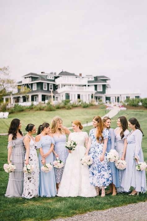 Inside a Woolworth Heiress's Quintessential Maine WeddingA lobster bake, BBQ, and tennis tournament were all on the itinerary for Arielle Elwes and Josh Fisher's summer nuptials in New England. Floral Bridesmaid Dresses, Floral Bridesmaid, Maine Wedding, Tent Wedding, Wedding Weekend, Wedding Beauty, Spring Garden, Blue Wedding, Wedding Bells