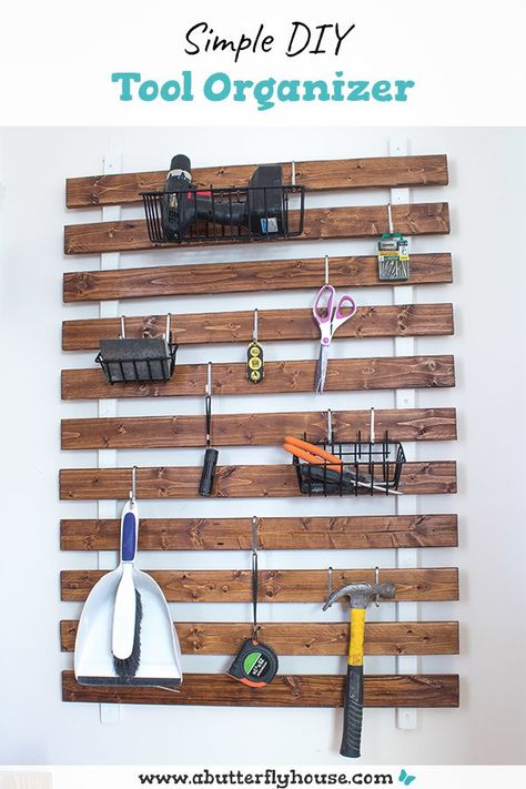 DIY "French Cleat" Wall Organizer - A Butterfly House Kitchen Wall Organization, French Cleat Wall, Kitchen Wall Organizer, Tool Organization Diy, Cleat Wall, Diy Rustic Farmhouse, Wand Organizer, Wall Organizer, French Cleat