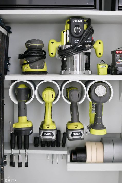 Garage tool storage and organization ideas. Dream workshop, right here! Click to see blog post and details. #garage #garageorganization #toolstorage #toolorganization #camitidbits #ryobi #ad #tools #mancave Ryobi Tool Storage Diy, Ryobi Tool Storage, Dream Workshop, Storage And Organization Ideas, Garage Organization Tips, Ryobi Tools, Tool Hangers, Garage Tool Storage, Tool Storage Diy