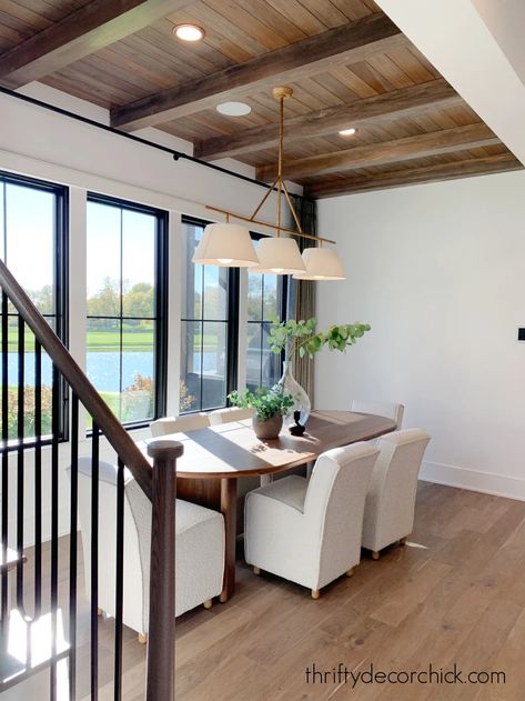 dining room with wood ceiling Wood Ceiling And Beams, Dining Room With Beams On Ceiling, Accent Ceiling Living Room, Coffered Ceiling With Wood Planks, Wood Beams On Ceiling Dining Room, Wood Ceilings Dining Room, Wood Ceilings And Floors, Wood Floor With Wood Ceiling, Dark Living Room Ceiling