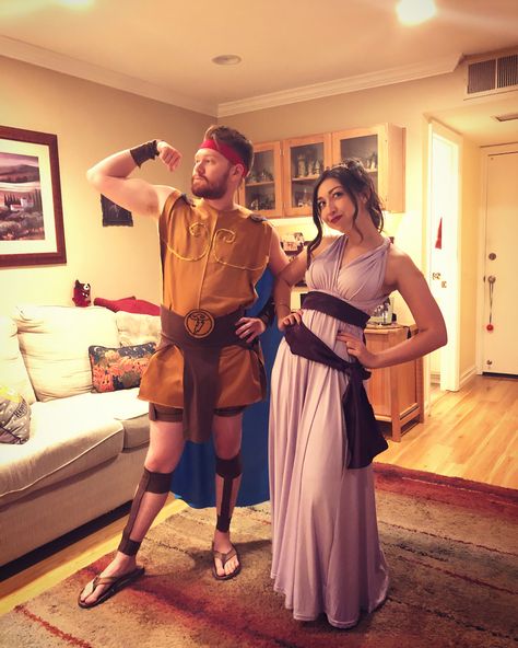 Hobbit Couples Costume, Couple Custome Halloween, Hurcles And Meg Costume, Couple Halloween Costumes Hercules And Meg, Meg And Hercules Costume Diy, Unique Disney Couple Costumes, Roman Couple Costume, Greek Costume Couple, Disney Princess And Prince Costumes