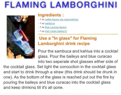 Flaming Lamborghini Cocktails, Flaming Lamborghini Drink, Blue Curacao Liqueur, Blue Curacao, Irish Cream, Cocktail Glass, Liqueur, Lamborghini, Alcoholic Drinks