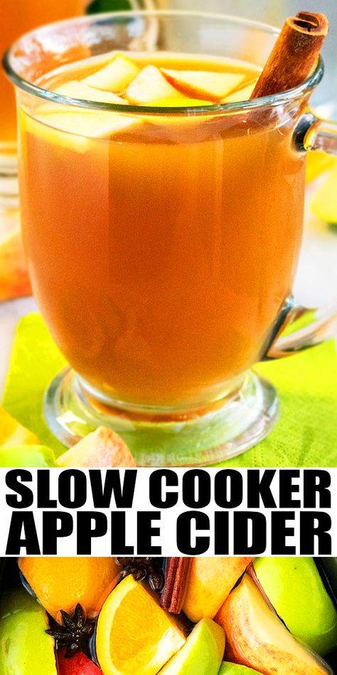 SLOW COOKER APPLE CIDER RECIPE- The best, easy homemade apple cider from scratch, homemade with simple ingredients. Packed with warm spices and a hint of citrus. It can be served hot or cold. Can also add alcohol. Great for Winter and Thanksgiving parties. Also known as “Mulled Cider.” From CakeWhiz. Apple Cider From Scratch, Hot Apple Cider Recipe, Slow Cooker Apple Cider, Slow Cooker Apple, Apple Cider Recipe, Healty Dinner, Crockpot Healthy, Homemade Apple Cider, Slow Cooker Apples