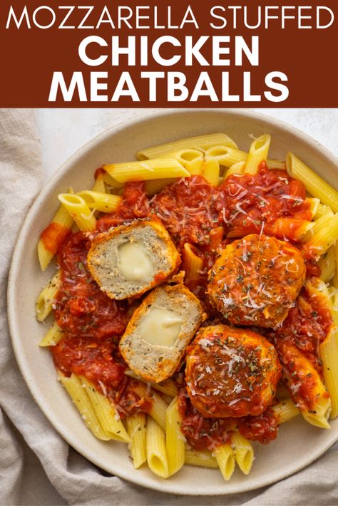 Easy Oven Baked Mozzarella Stuffed Chicken Meatballs Baked Starbucks Egg Bites, Egg Bites In The Oven, Meatballs Stovetop, Stuffed Chicken Meatballs, Mozzarella Stuffed Chicken, Baked Meatball Recipe, Chicken Marinara, Stuffed Meatballs, Mozzarella Stuffed Meatballs