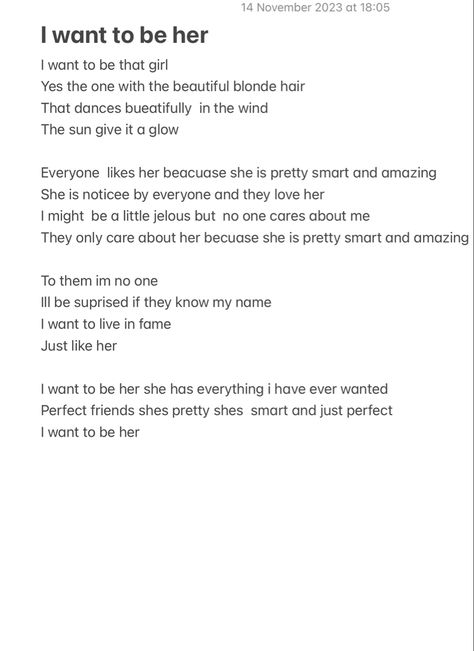 This is a poem about a girl who is insecure of her looks and wants to look like someone else Poems For Insecure People, Insecure Poem, Insecure Women, Insecure People, Beautiful Blonde Hair, Family Problems, About A Girl, Like Someone, Journal Diary