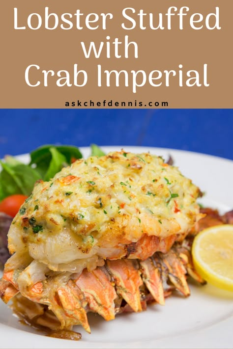 Lobster tails stuffed with Crab Imperial Cooked Lobster Meat Recipes, Stuff Lobster Tail With Crab Meat, Lobster Stuffing, Crab Stuffed Lobster Tail, Stuffed Lobster Tails With Crab Meat, Crab Stuffed Lobster Tail Recipe, Crab Imperial Recipes, Crab Stuffed Lobster, Stuffed Lobster Tail