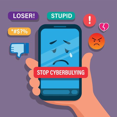 Stop Cyberbullying. Hand holding smartphone with bad emoticon cartoon illustration vector Cyberbullying Drawing, Stop Bulling, Internet Safety For Kids, Social Skills Lessons, Vintage Paper Background, Geometric Shapes Art, Editing Inspiration, Poster Drawing, School Posters