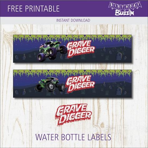 Free Printable Grave Digger Water Bottle Labels | Birthday Buzzin Monster Jam Printables Free, Monster Truck Free Printables, Grave Digger Birthday Party, Grave Digger Cake, Monster Truck Party Food, Monster Truck Birthday Party Ideas, Truck Birthday Party Ideas, Monster Jam Birthday Party, Digger Cake