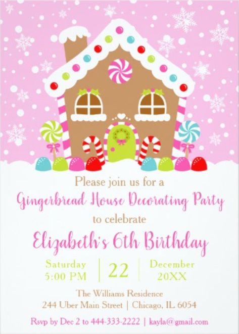 Gingerbread house decorating birthday invitations / birthday party invites / girls birthday party ideas / Christmas birthday party / afflink Birthday Party Ideas Christmas, December Birthday Parties, Girls Birthday Party Ideas, Party Ideas Christmas, 6th Birthday Girls, Gingerbread House Decorating, Decorating Birthday, Gingerbread House Parties, Birthday 5