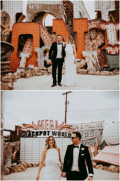 A Minimalist Elopement In Vegas. Get Tips + Advice for how to elope and get married in Vegas, with loads of cool wedding photo ideas at the Museum of Lights: http://www.confettidaydreams.com/how-to-elope-in-vegas-tips/  #lasvegas #weddings #elopement #vegaswedding #weddingplanning #destinationwedding #weddingadvice #downtownvegas #MuseumofLights #weddingphotography #honeymoon Vegas Elopement Dress, Las Vegas Wedding Dress, Las Vegas Wedding Ideas, Elope In Vegas, Neon Museum Wedding, Minimalist Elopement, Vegas Photoshoot, Vegas Tips, Vegas Wedding Dress