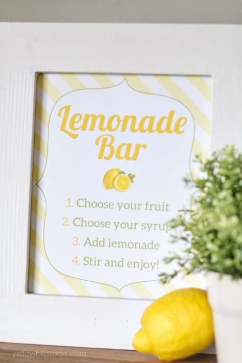 A Flavored Lemonade Bar or Lemonade Stand is the perfect for Memorial Day or the 4th of July, and would be a great addition to your next party! Lemonade Bar Ideas Beverage Stations, Lemonade Bar Sign, Lemonade Bar Beverage Stations, Lemonade Bridal Shower Theme, Lemonade Bar Wedding, Lemonade Bar Ideas, Lemon Party Ideas, Lemonade Simple Syrup, Bridal Shower Lemon