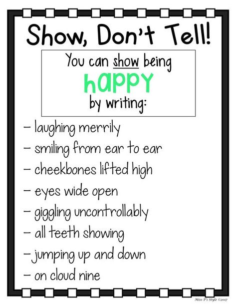 Creative story writing tip of the day: When writing about a character's emotions, it is more effective to describe their physical signs, instead of the actual emotion itself. This way, the reader can infer their own interpretation and picture the scene in their head, thus creating a more vivid image. #creativewriting Show Don't Tell Writing, Writing Ideas For Kids, Show Don't Tell, Writing Journals, Journals And Notebooks, Writing Anchor Charts, Writing Instruction, Creative Writing Tips, Essay Writing Skills