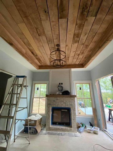 Updated tray ceiling Trey Ceilings In Living Room, Natural Wood Tray Ceiling, Different Ceilings Ideas, Rustic Tray Ceiling, Wooden Tray Ceiling, Rustic Tray Ceiling Ideas, Wood Plank Tray Ceiling, Wood In Tray Ceiling, White Plank Ceiling Living Room