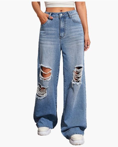 Baggy Jeans For Women, Ripped Jeans Casual, Wide Leg Denim Pants, Ripped Denim Pants, Denim Pants Fashion, Jeans Store, Mom Jeans Outfit, Color Trends Fashion, Red Jeans