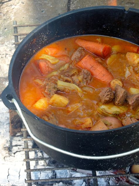 Camping Food Over The Fire, Cooking Over A Fire Recipes, Camp Fire Stew, Soup Over The Fire, Camp Dinners, Food On Fire, Camping Stew, Camp Stew, Camping Soup