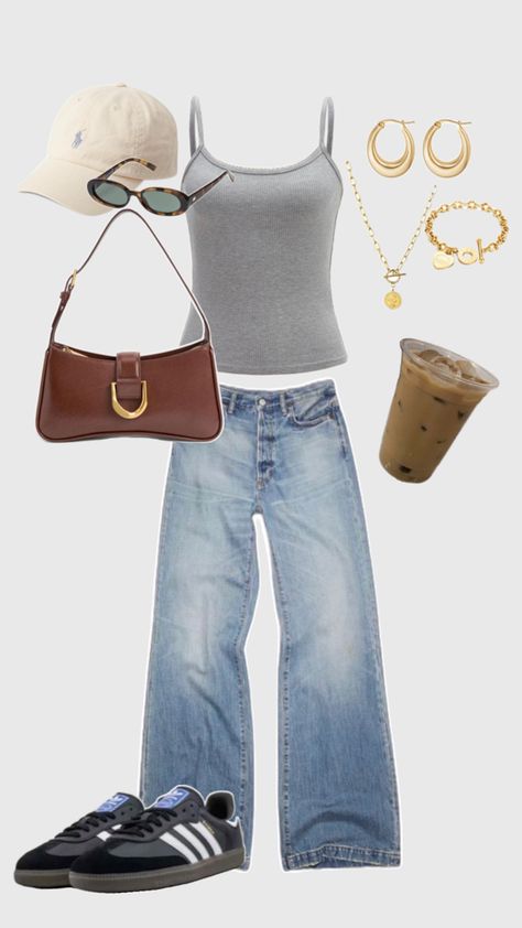 #outfit #inspiration #inspo #summer #spring #cap #jeans #adidas #jewelery #trainers #gold #bag Gold Bag, Cute Fits, Casual Outfits, Adidas, Outfit Inspo, Gold