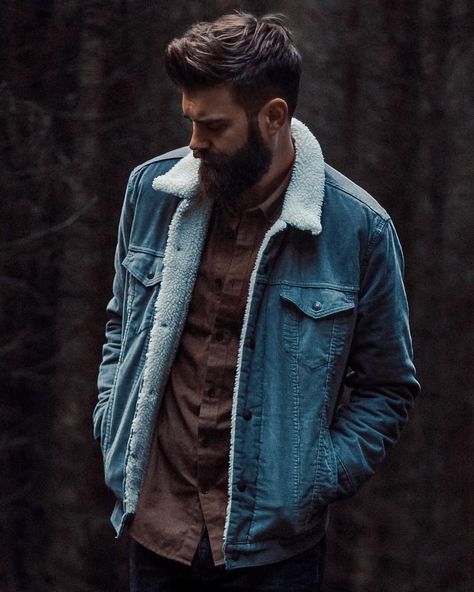 Forest Portrait Photography, Levis Sherpa Jacket, Forest Portrait, Levis Sherpa, Mens Clothing Trends, Fade Beard, Boys Poses, Men Workwear, Men's Portrait Photography